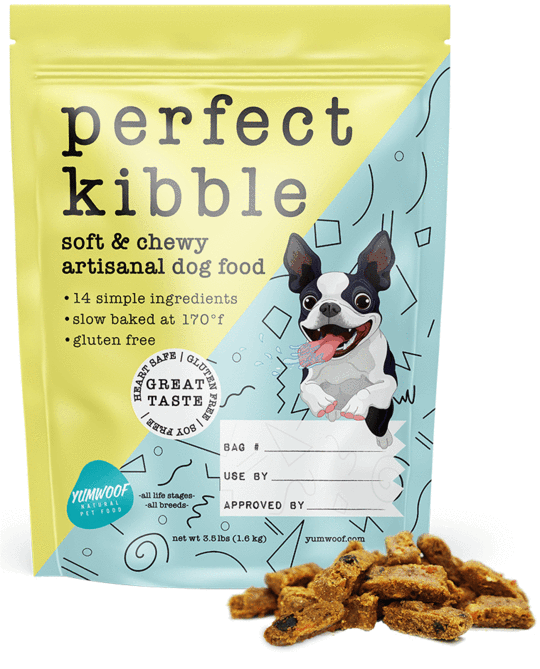 A packet of Yumwoof kibble dog food in yellow and blue packaging with a cartoon dog