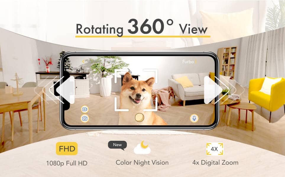 Furbo dog camera with 360 degree view showing a brown dog in a modern living room