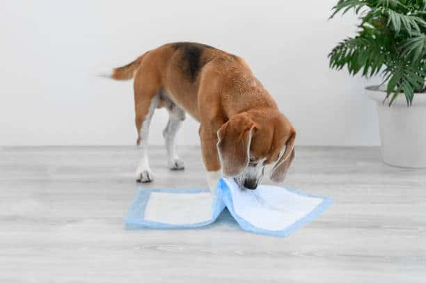 A Beagle puppy chewing on a puppy pee pad.