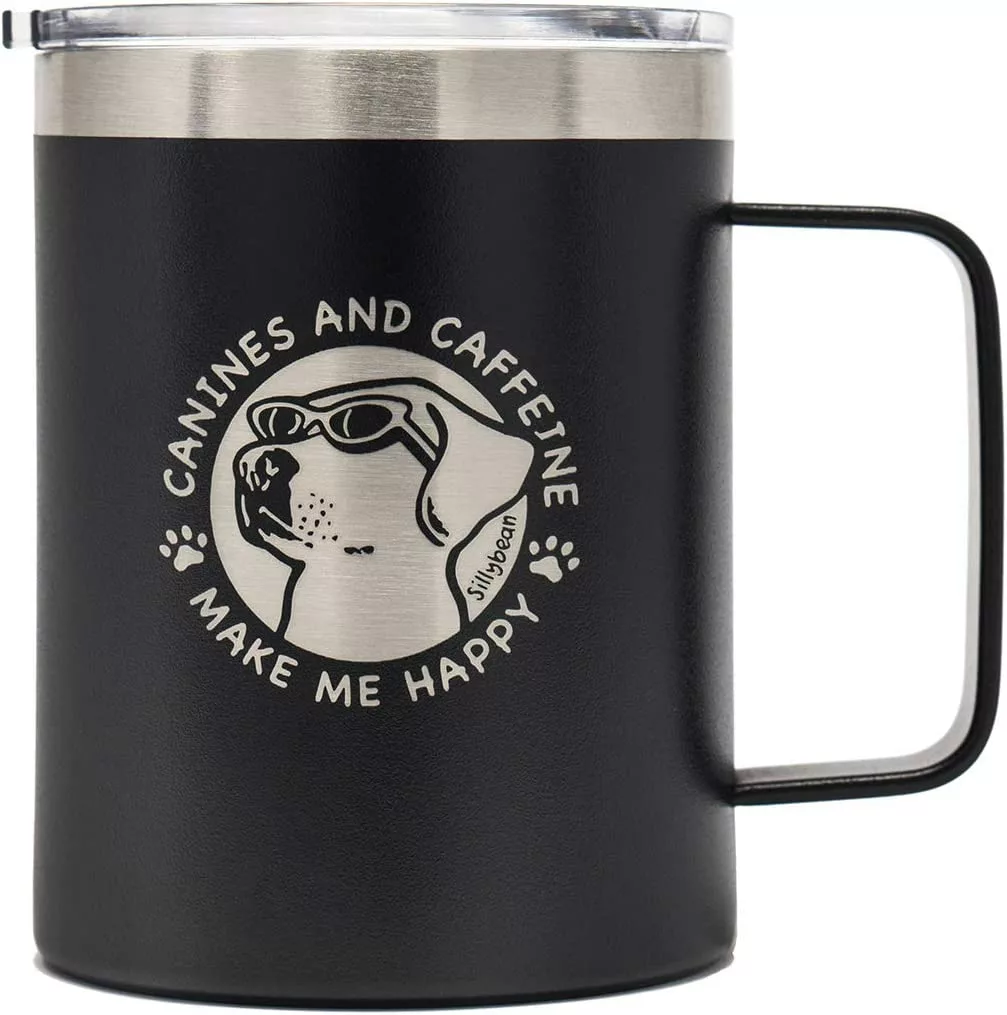 Sillybean Dog Lover Coffee Mug for Dog Mom Dog Dad | Canines and Caffeine Make Me Happy | Laser Etched Design Both Sides 12oz Stainless Steel Double Wall Insulated Mug with Handle