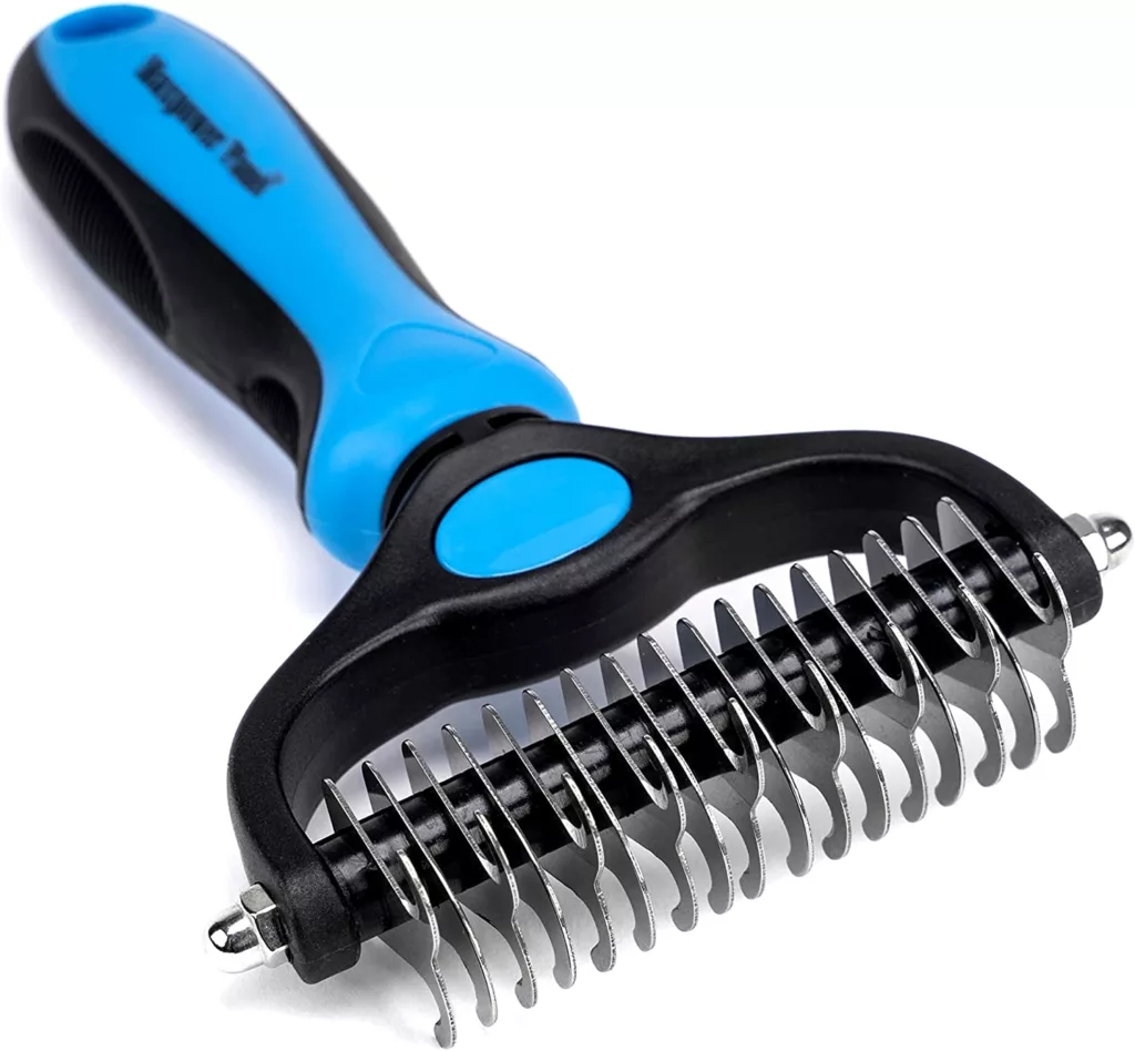 Maxpower Planet Pet Grooming Brush - Double Sided Shedding and Dematting Undercoat Rake Comb for Dogs and Cats,Extra Wide, Blue